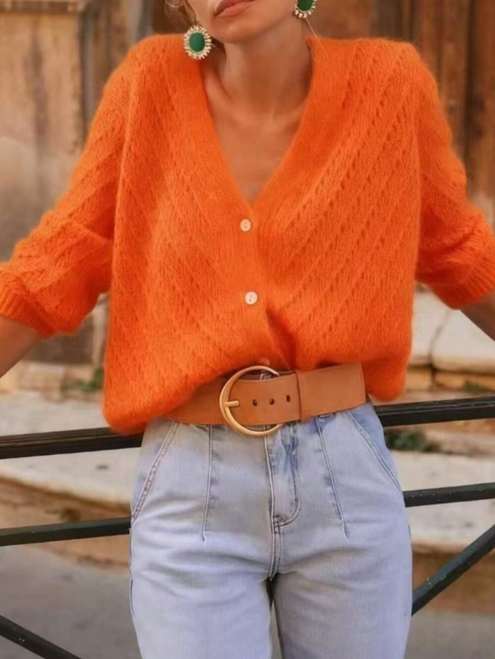 Orange Casual Women's Cardigan Long Sleeve Knit Sweater